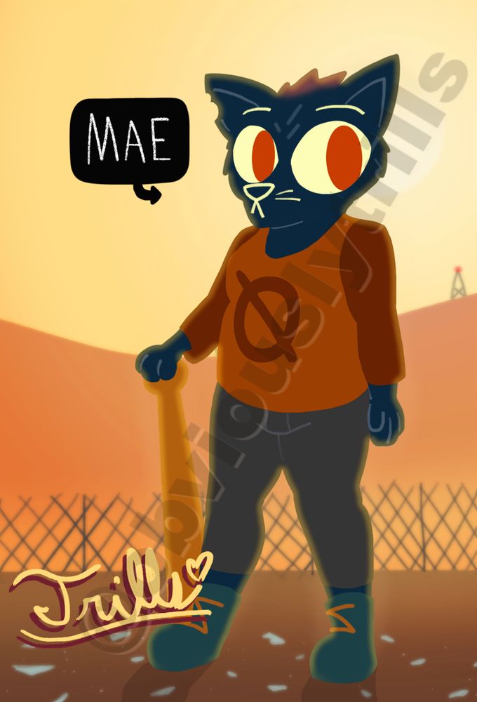 Mae from Night in the Woods stood in an empty lot holding a baseball bat. The ground around her is littered with shattered glass.