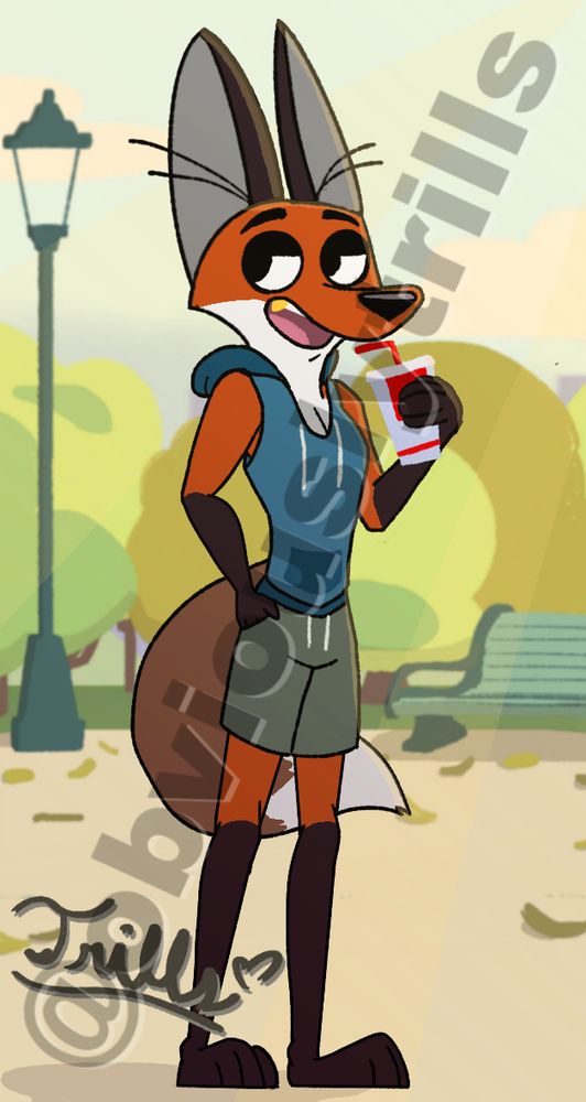 Fergus, a red fox from 101 Dalmatian Street, drawn anthropomorphic. He is drinking from a disposable cup and standing in the middle of a park.