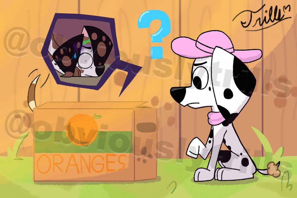 Dapper staring down at a box of oranges with a question mark near his head. He doesn't realize that Demi is silently hiding inside.