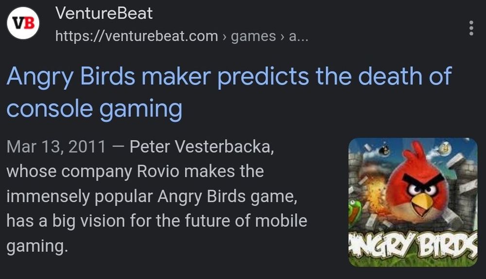 A news headline; the creator of Angry Birds, a major mobile game series, predicted console gaming was dying - in 2011