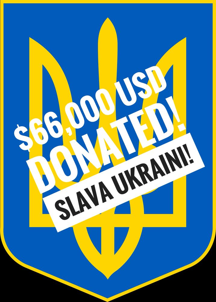 Blue and yellow logo of Ukraine with the words, “$66,000 USD donated! Slava Ukraini!”