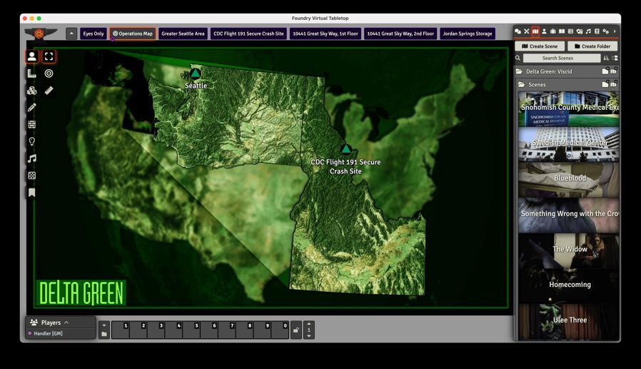 Screenshot from Delta Green: Viscid for Foundry and Roll20 VTT showing the handler's screen for scenes.