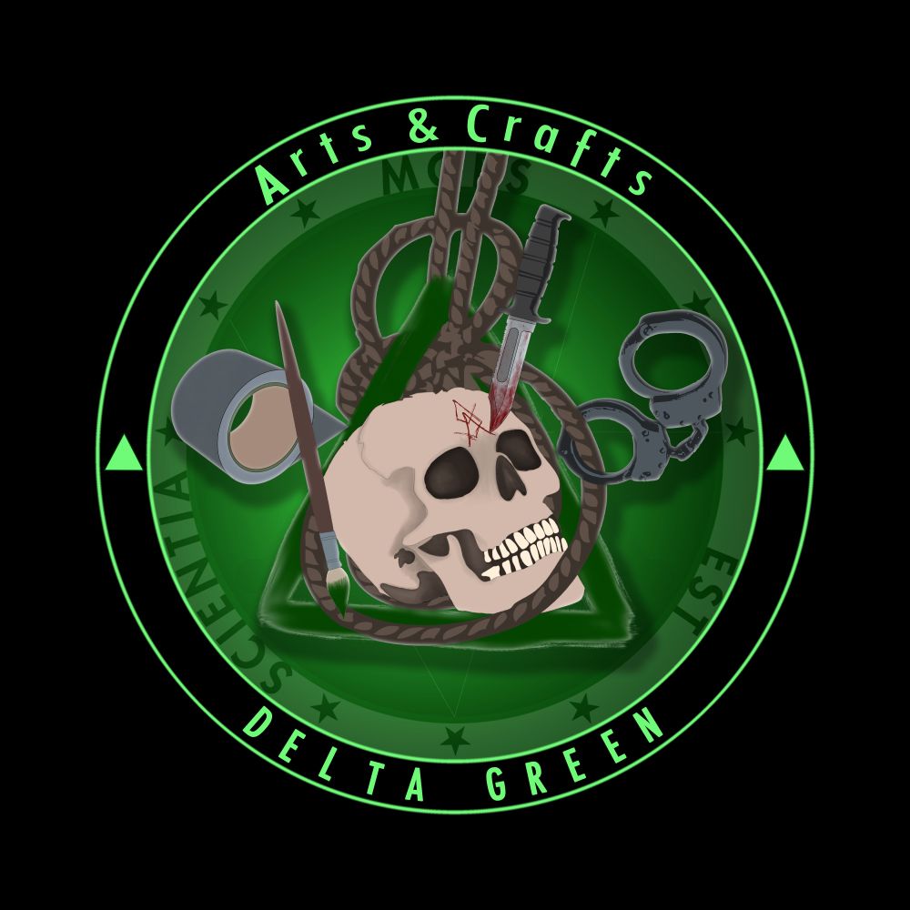 Round logo for Arts & Crafts with Delta Green. Logo is black and green and features a skull in the centre inside a painted triangle. The skull has the Yellow Sign carved into the forehead by a military knife. Design also features a roll of duct tape, handcuffs, rope, and you can just make out the Scientia Mors Est Delta Green logo in the back.