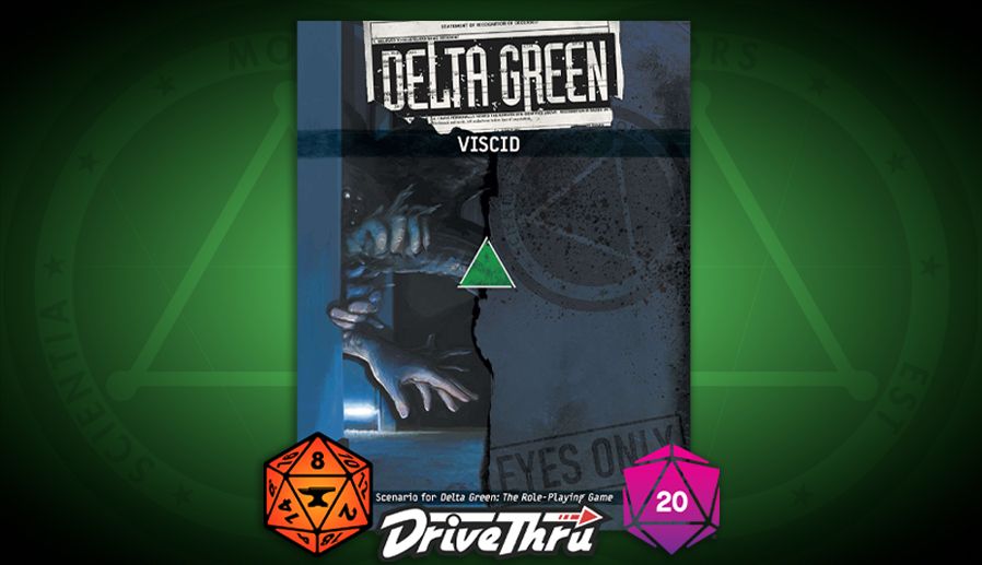 Cover of Delta Green: VISCID featuring a confusing jumble of tentacles and human hands reaching out from a hallway. At the bottom overlaid is the logo of DriveThruRPG and the D20 logos for Foundry VTT and Roll20 VTT.