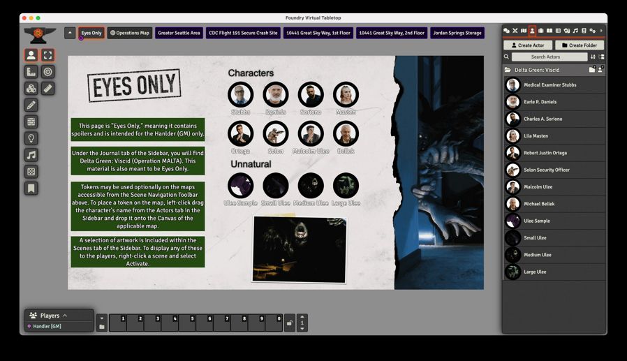 Screenshot from Delta Green: Viscid for Foundry and Roll20 VTT showing the handler's screen for characters.