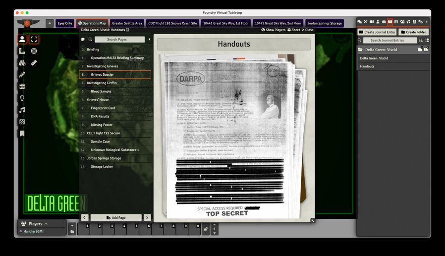 Screenshot from Delta Green: Viscid for Foundry and Roll20 VTT showing the handler's screen for handouts.