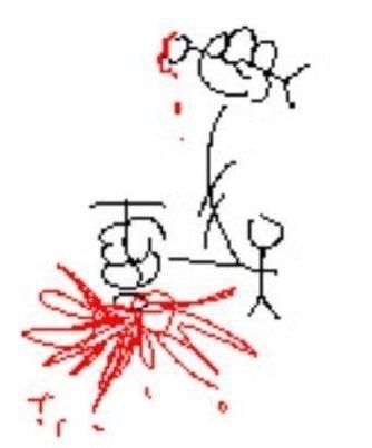 crude ms paint drawing of a stick figure bashing another stick figure into the ground with blood splattering