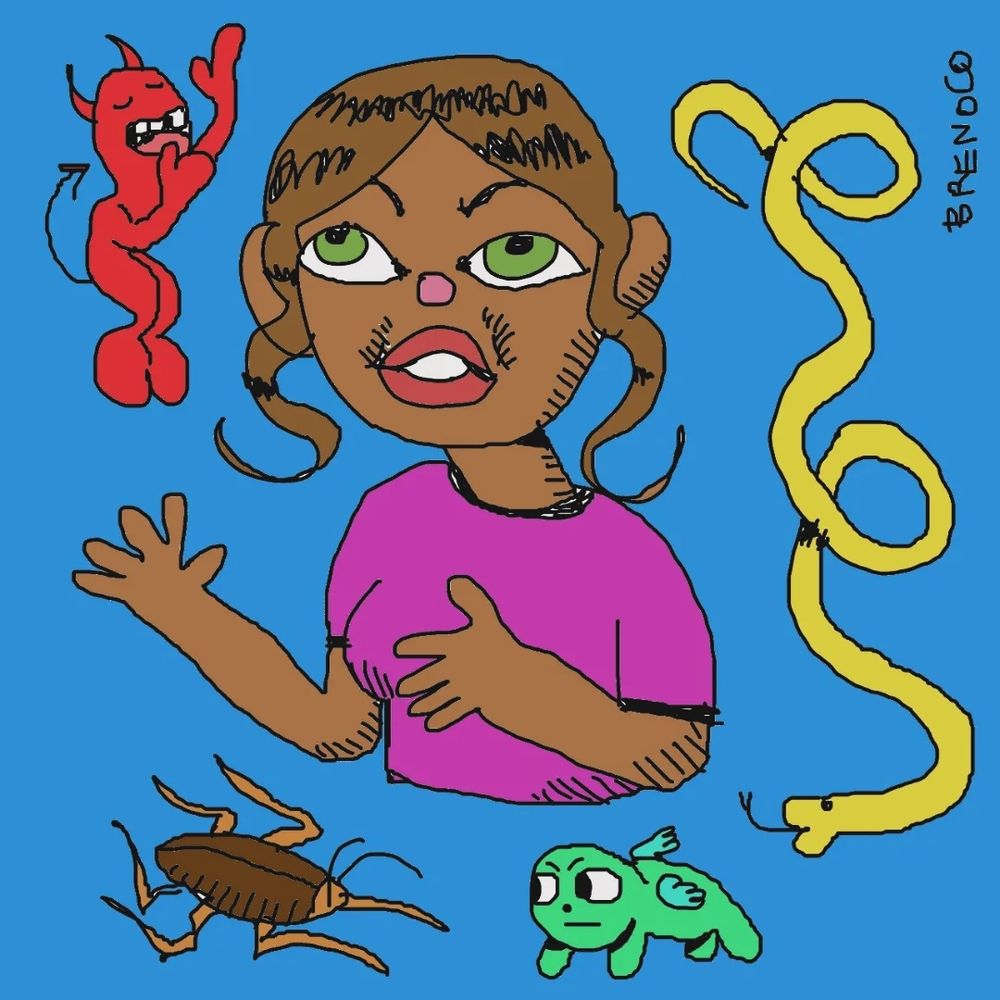 moça de camisa e vários bichinhos esquisitos: uma cobra, um diabinho, uma barata e um anjo
