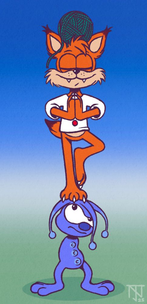A colored drawing of Bubsy Bobcat balancing  a ball of yarn on his head while standing serenely on one foot on top of an annoyed blue Woolie’s head