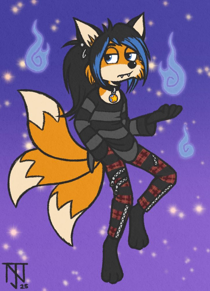 Colored drawing of Emmyloud Mudd-Llewellyn as a teenager, surrounded by kitsunebi.