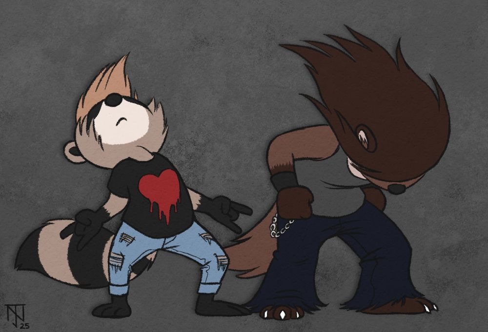 Ozy and Milo's Avery the raccoon and Animatronikki's Jade von Goethe mid-headbang to exceptionally loud thrash metal