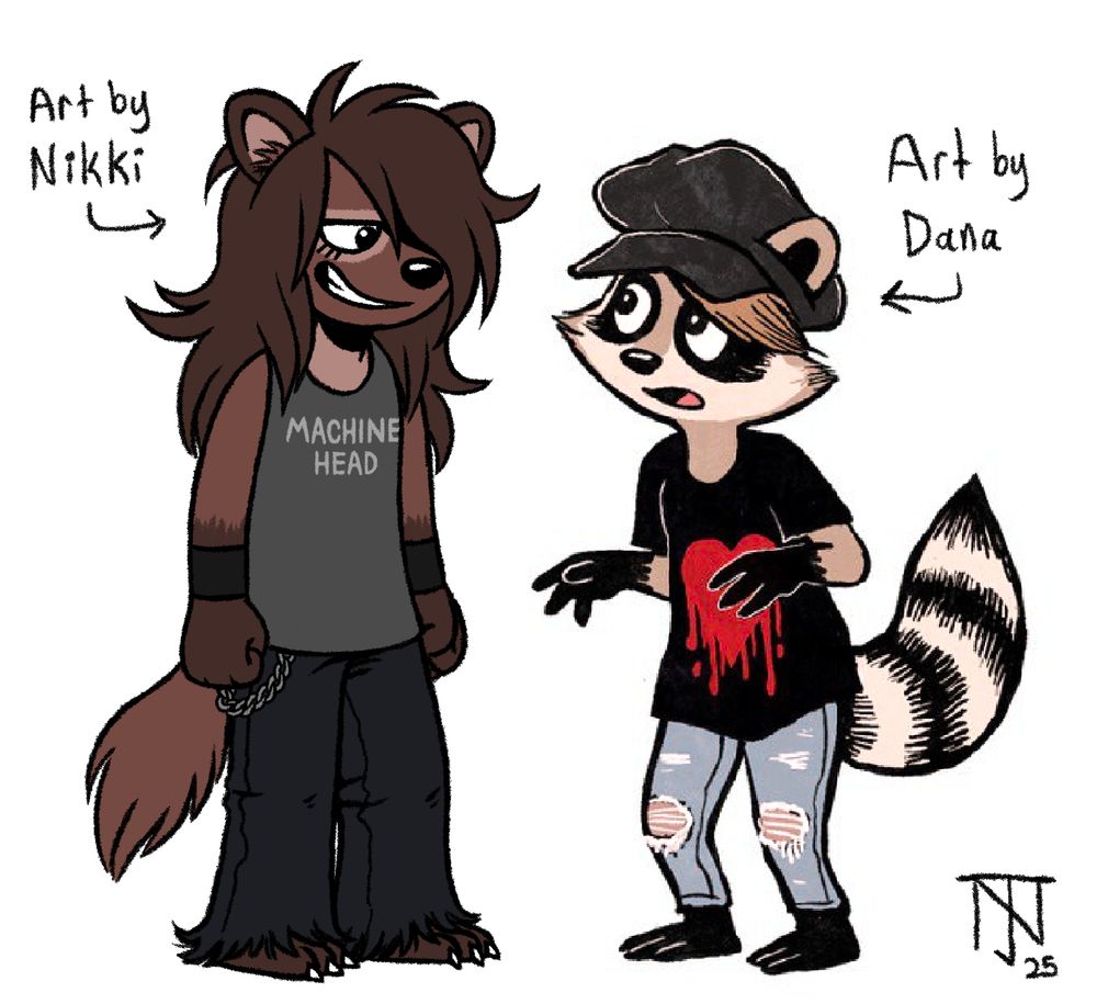 Colored drawing of Olga "Jade" von Goethe by me, paired with a colored drawing of Avery the raccoon from Ozy & Milo by Dana Simpson