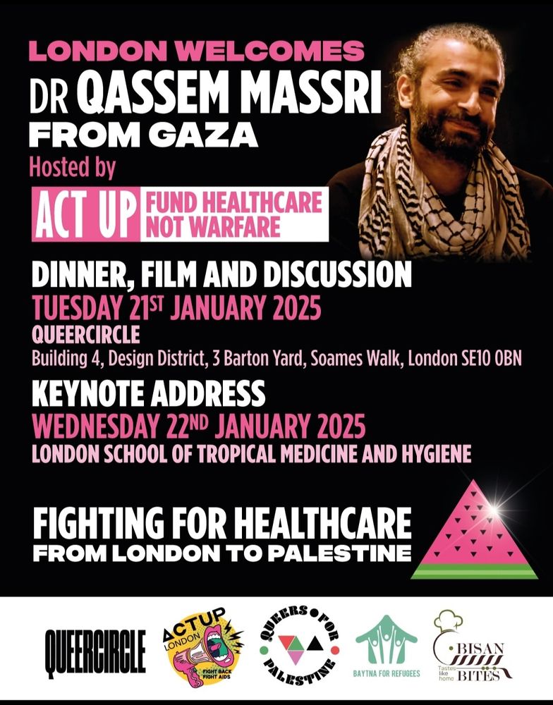 Poster advertising two events hosted by Act Up feat. Dr Qassem Massri. 
Dinner, Film and Discussion on 21 January at Building 4, Design District, 3 Barton Yard, Soames Walk, London SE10 0BN
Keynote Address 22 January at LSHTM
