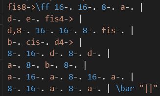     fis8->\ff 16-. 16-. 8-. a-. |
    d-. e-. fis4-> |
    d,8-. 16-. 16-. 8-. fis-. |
    b-. cis-. d4-> |
    8-. 16-. d-. 8-. d-. |
    a-. 8-. b-. 8-. |
    a-. 16-. a-. 8-. 16-. a-. |
    8-. 16-. a-. 8-. a-. | \bar "||"