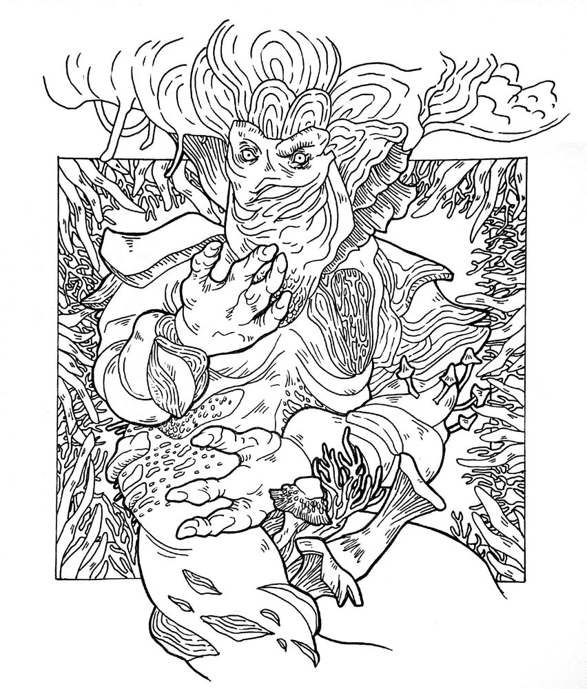 A lineart illustration of Sovereign Glut, lying on his back, hands on his chest and stomach, from his groin shoot up a few different types of mushrooms. 