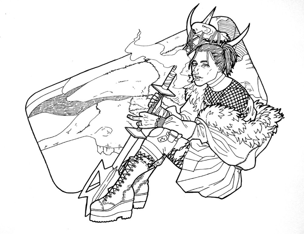 A lineart illustration of Anders from Dragon Age 2, wearing a bit coat with feathers, a pleated skirt, fishnets, a knee brace, and big platform boots. He is smoking, holding a staff, and sticking out the middle finger. Behind her is a rounded rectangle with an illustration of a ram skull. 