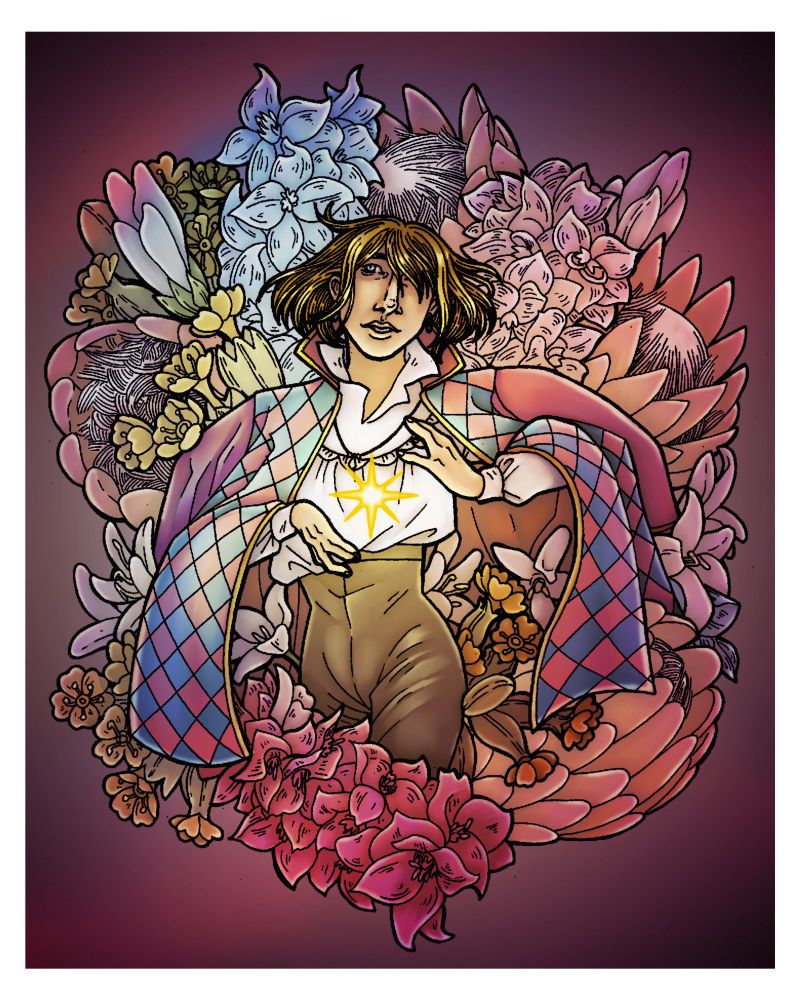 A full color illustration of Howl Pendragon, his hands framing a star. He is surrounded by flowers