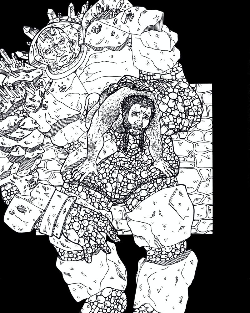 A lineart illustration of Shale and Oghren from Dragon Age Origins. Shale is lying on her back and Oghren is on all fours, naked, on top of her, eyes crossed as she fingers his ass. 