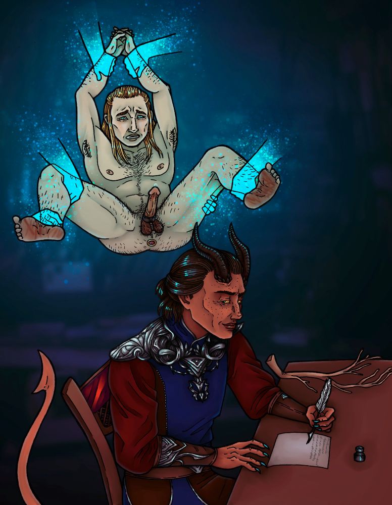A fully colored illustration of Rolan, smiling to himself as he writes a letter to Lia and Cal, a branch next to him. Hoisted up in the air next to him in a nude Lorroakan, held in place by six mage hands. He is wearing a cock ring and anal plug and his feet are bright red from being beaten with the branch. 