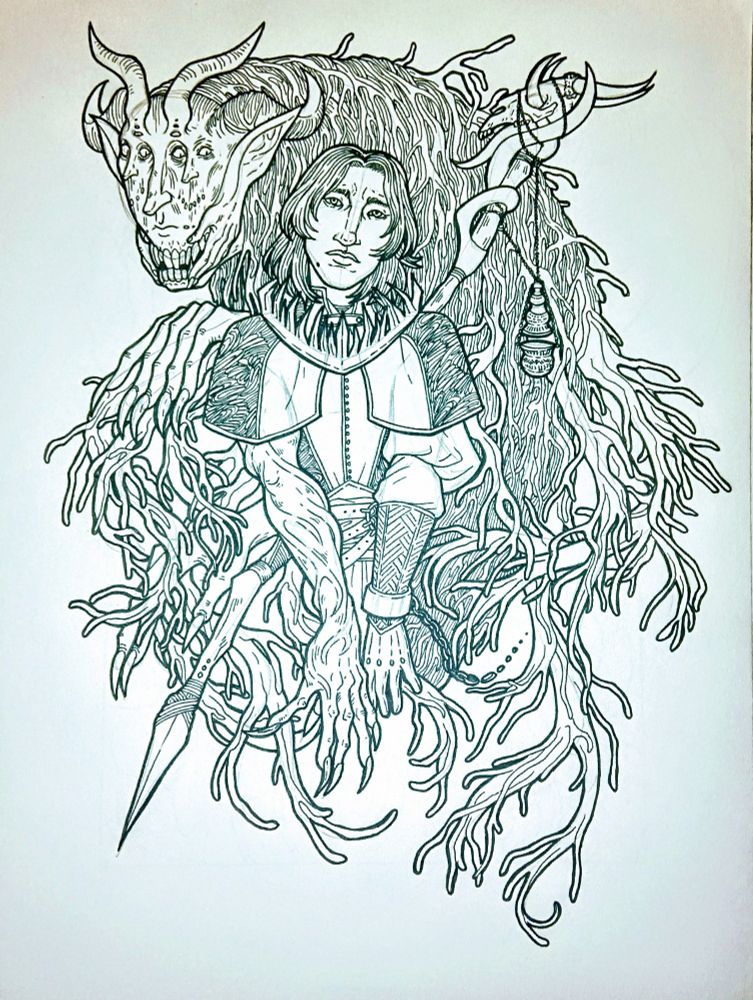 A lineart illustration of a masculine person with one monstrous hand and one gloved hand, holding their wrists close together. They are wearing a collar with spikes towards their face, wizard robes, and a manacle. Behind them is a demon with long veiny tendrils and a face with two months and faces for eyes.