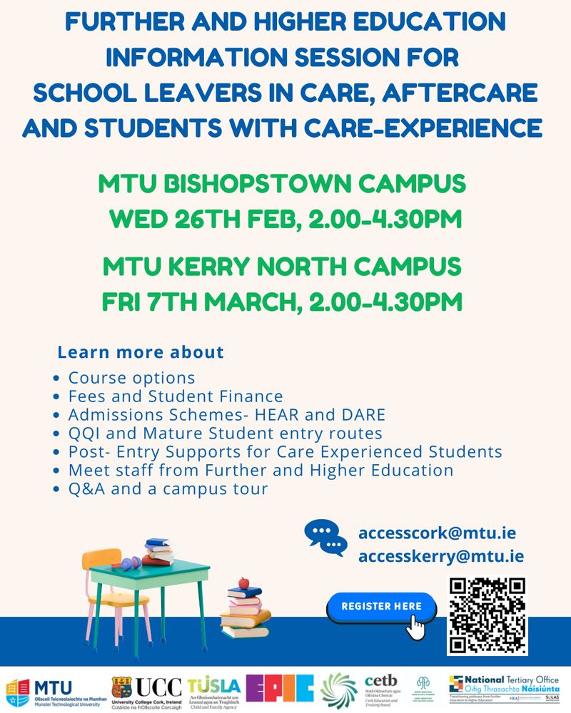 Poster for upcoming Further and Higher Education Information Sessions for Students with Experience of Care 