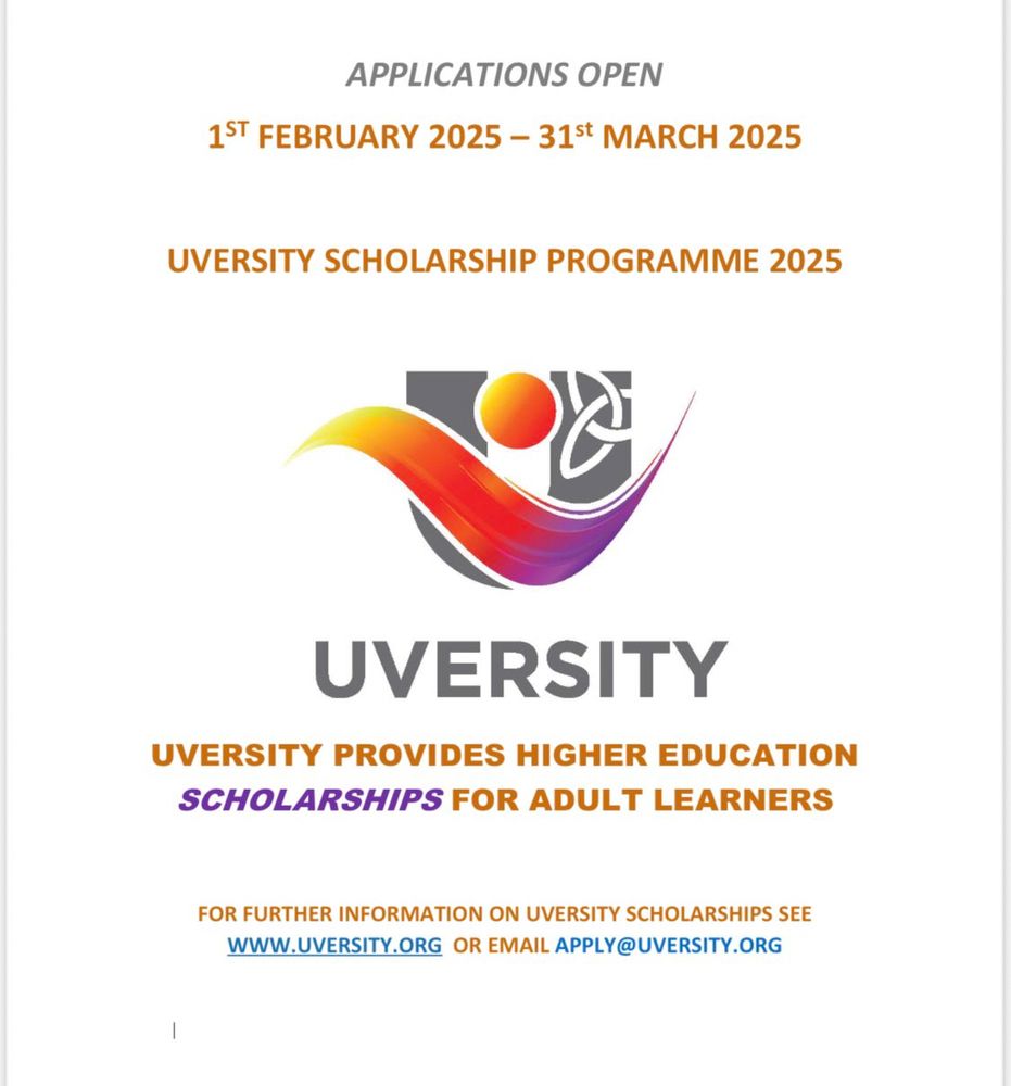 Flyer for Uversity Scholarships for Adult Learners with a white background and the Uversity logo. For further information visit www.Uversity.org or email apply@uversity.org