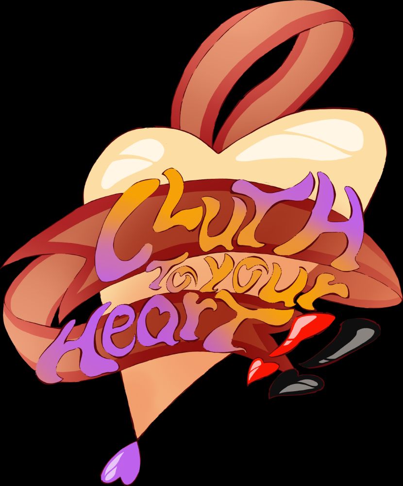 a logo for my illustrated web novel, depicting a yellow amber heard embraced by brown ribbons, with the words clutch to your heart on top of them