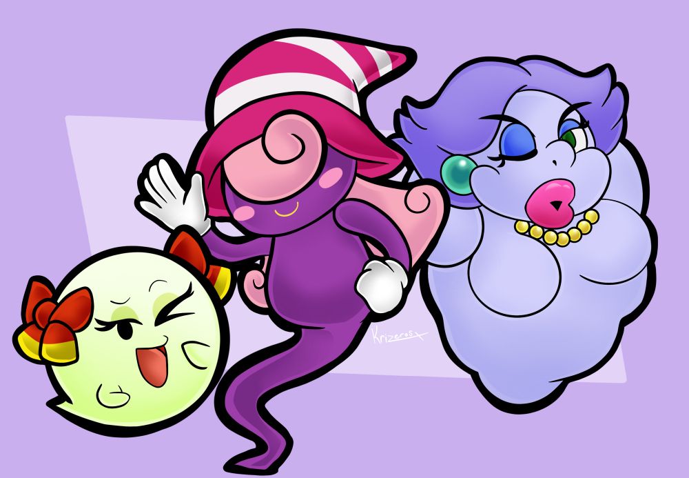 Various Mario ghosts in a group. A bow and mascara wearing boo on the left, the purple Vivian in the centre, with long pink hair, blushing and wearing a hat and on the right, Marilyn, the pearl earring and necklace wearing, purple short hair, plump lips purple ghost.
