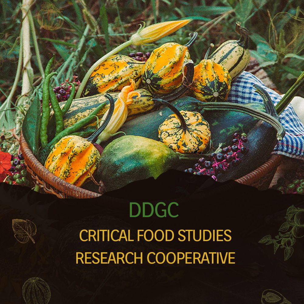 Harvest green and gold text on dark background with an image of fall veggies. Critical Food Studies Research Cooperative.