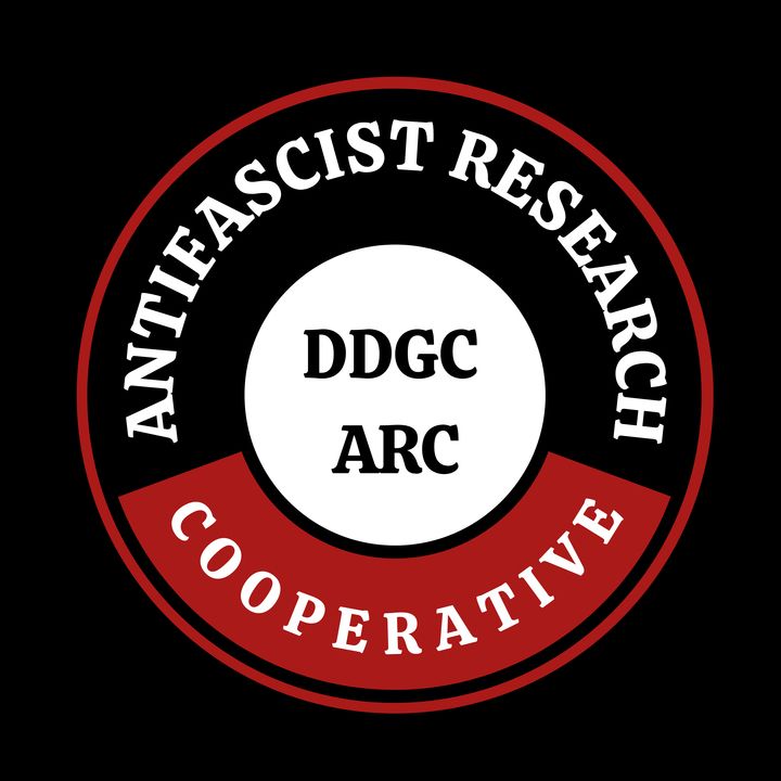 Poster for co-op, red circle against black background with the words: Antifascist Research Cooperative. 
