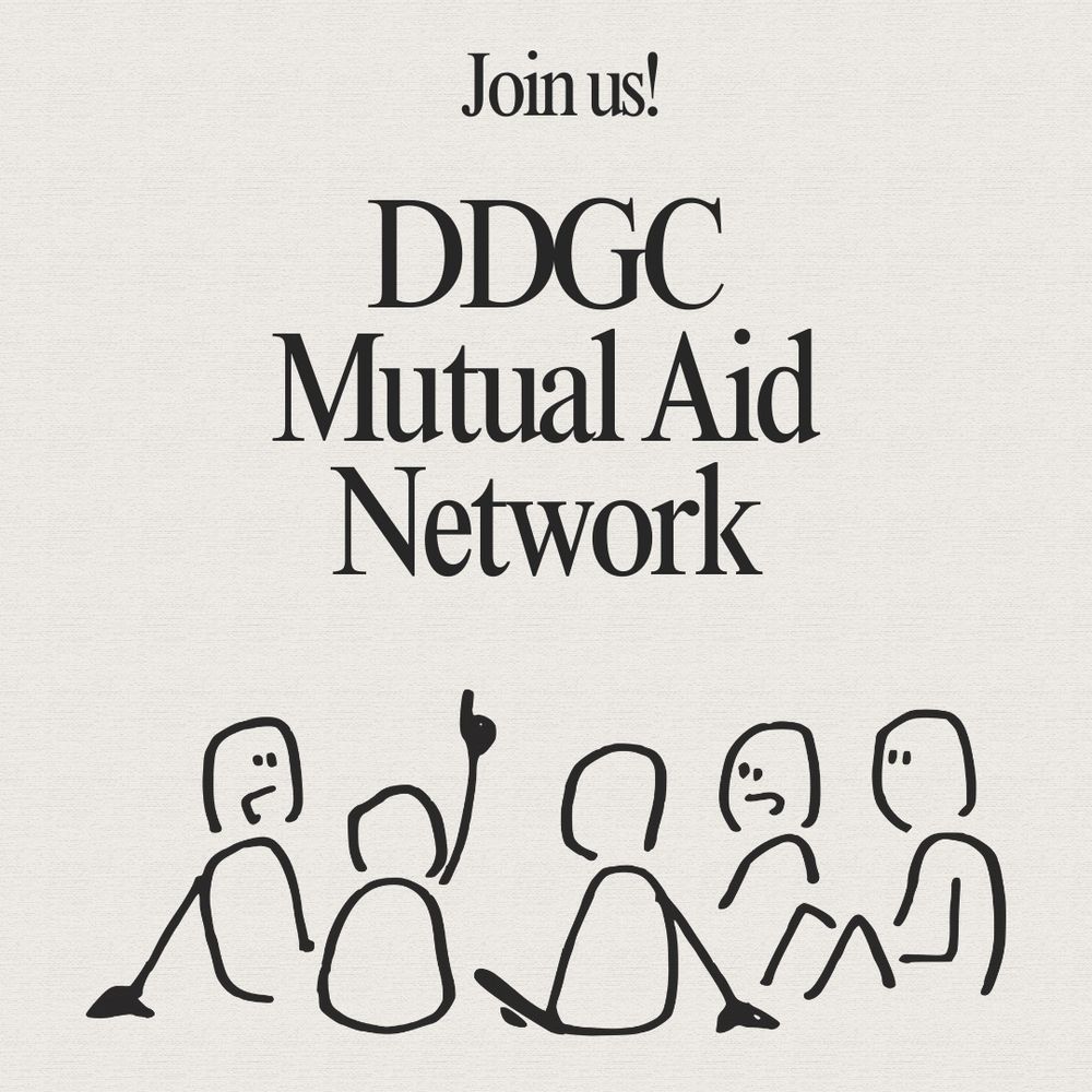 black text on cream-colored background with line-drawn graphic of group of people sitting in a circle that reads: Join us! DDGC Mutual Aid Network