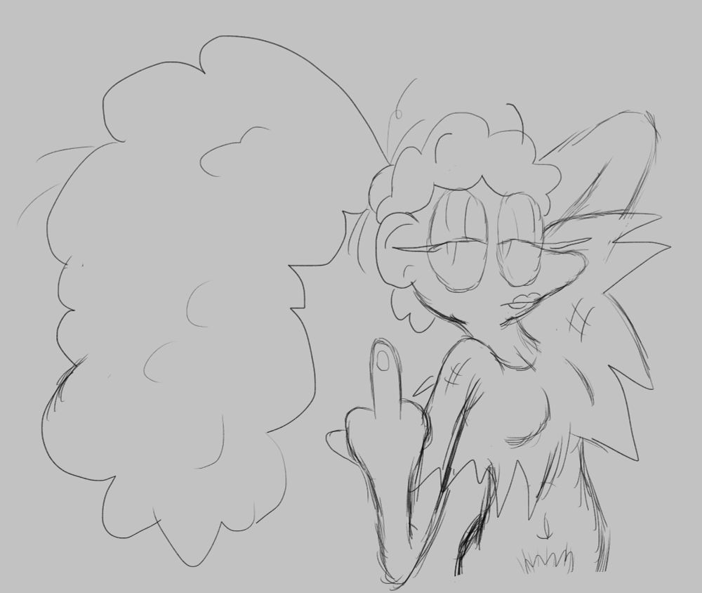 Lily Plush, a curly haired, lanky black woman, stretches and gives the finger to the camera casually. She's wearing a torn up shirt and has no pants on, her thick bush peaking out from the bottom of the image