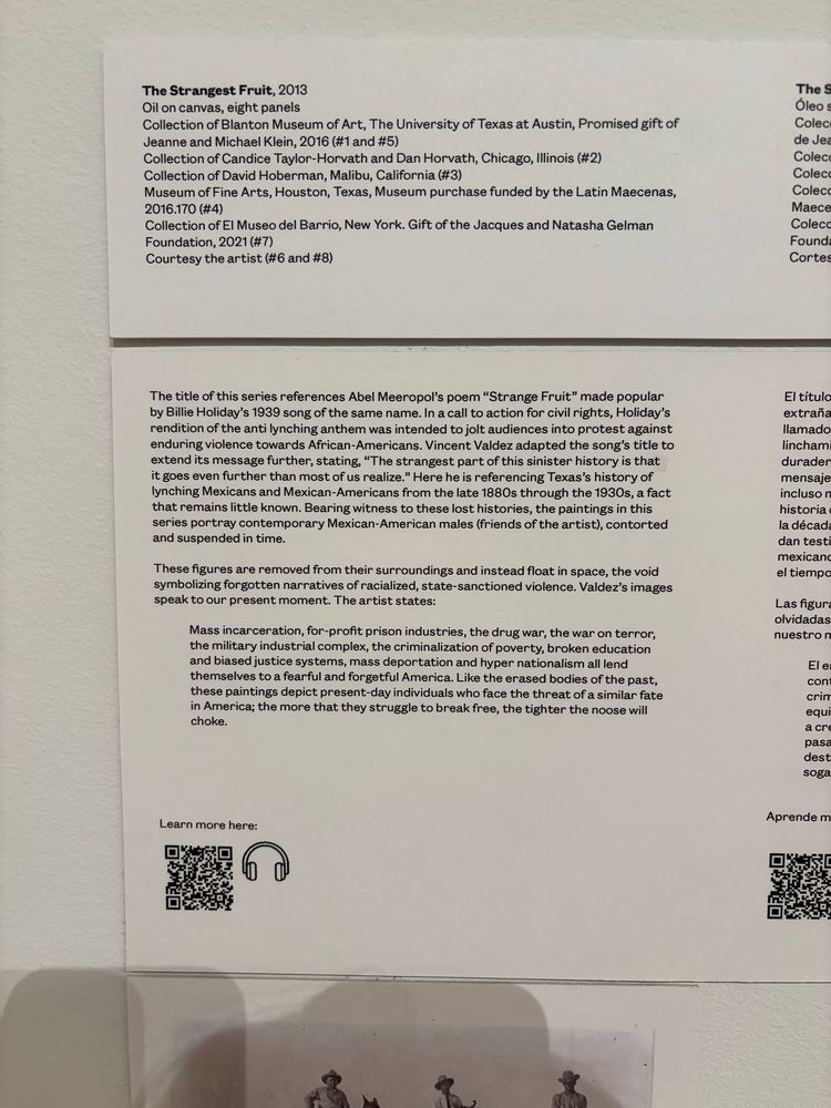 The Strangest Fruit, 2013
Oil on canvas, eight panels
The title of this series references Abel Meeropol's poem "Strange Fruit" made popular by Billie Holiday's 1939 song of the same name. In a call to action for civil rights, Holiday's rendition of the anti lynching anthem was intended to jolt audiences into protest against enduring violence towards African-Americans. Vincent Valdez adapted the song's title to extend its message further, stating, "The strangest part of this sinister history is that it goes even further than most of us realize." Here he is referencing Texas's history of lynching Mexicans and Mexican-Americans from the late 1880s through the 1930s, a fact that remains little known. Bearing witness to these lost histories, the paintings in this series portray contemporary Mexican-American males (friends of the artist), contorted and suspended in time.
These figures are removed from their surroundings and instead float in space, the void symbolizing forgotten narratives of racialized, state-sanctioned violence. Valdez's images speak to our present moment. The artist states:
Mass incarceration, for-profit prison industries, the drug war, the war on terror, the military industrial complex, the criminalization of poverty, broken education and biased justice systems, mass deportation and hyper nationalism all lend themselves to a fearful and forgetful America. Like the erased bodies of the past, these paintings depict present-day individuals who face the threat of a similar fate in America; the more that they struggle to break free, the tighter the noose will choke.