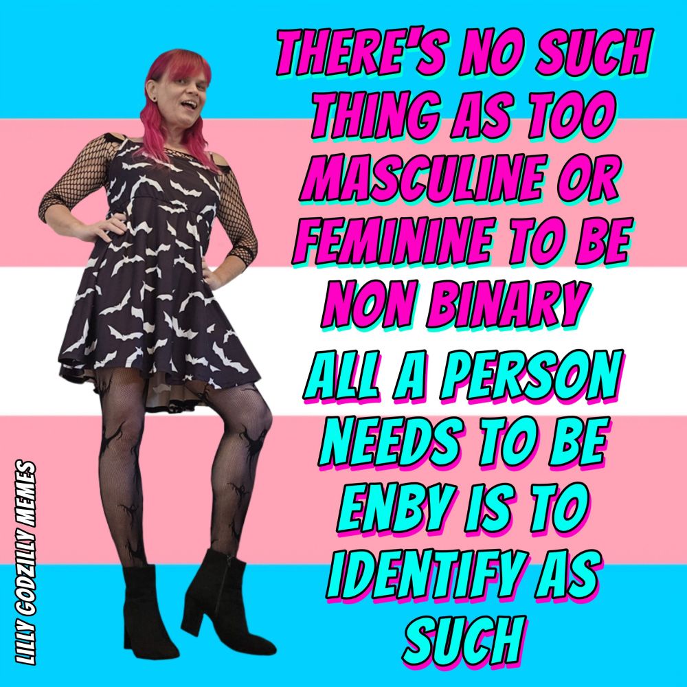 Image shows a non binary thing in a black dress with white bats and fishnets, looking feminine and confident. There is a transpide color background of white pink and black. There's text that reads There's no such thing as too masculine or feminine to be non binary. All a person needs to be non binary is to identify as such. It is signed Lilly Godzilly Memes because the person who created it is sorta dorky