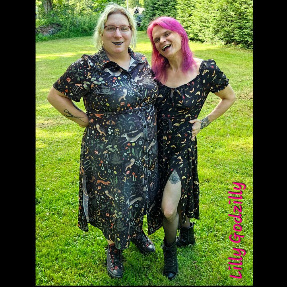 Some trans love for your feed 🩷🖤

We love y'all and hope you have a great day
🩷🖤

#translove #transjoy #QueerJoy #queerjoyisrevolutionary #TransJoyIsRevolutionary 

Alt text image is of Lilly Godzilly and her wife Scotia Angel

 Scotia has blonde hair, black lipstick and is wearing a black dress with various nature prints, owls, mushrooms, strawberry plants, rabbits, ferns and way more

Lilly is wearing a black dress with colorful bug patterns on it. Thers a lot of different beetles and moths. The dress has a slit up the leg that exposes her tattoo of a rose on her leg

The background is grass and small trees and very green