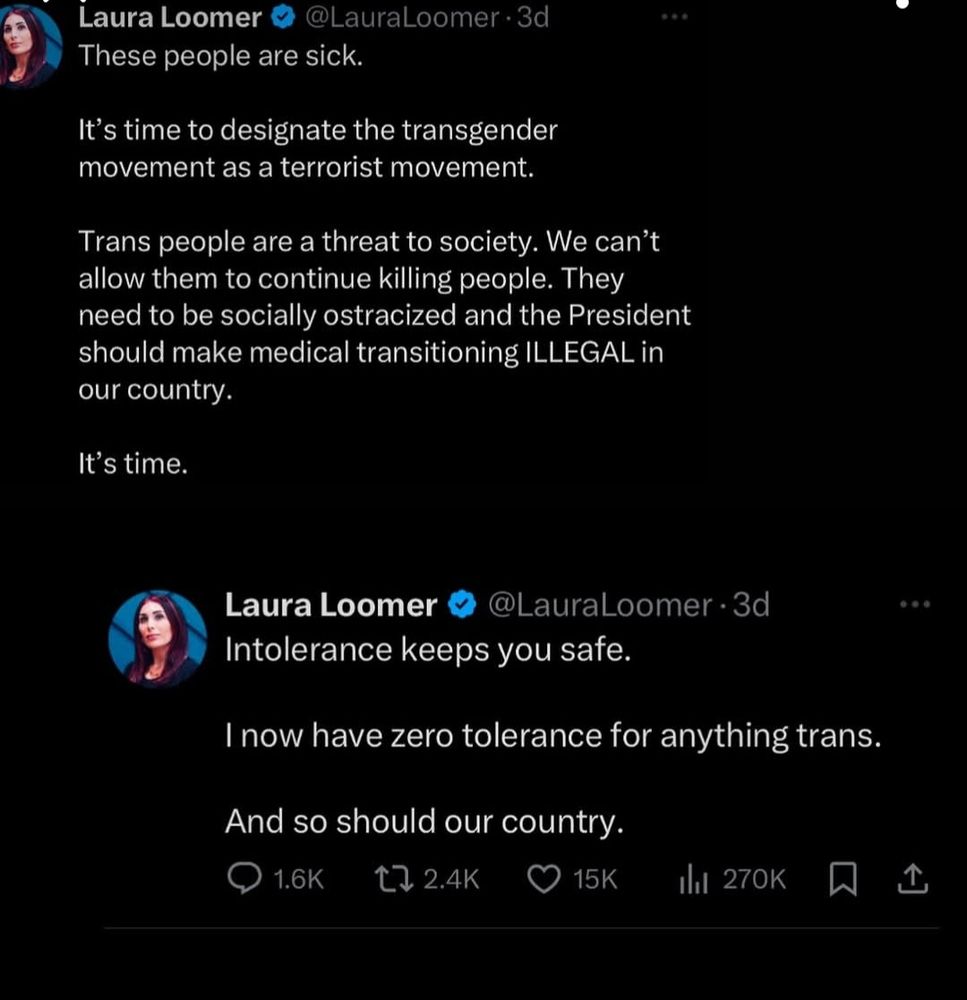 Alt text, image is a screenshot of the vile anti trans rhetoric that laura loomer recently vomited out into the world