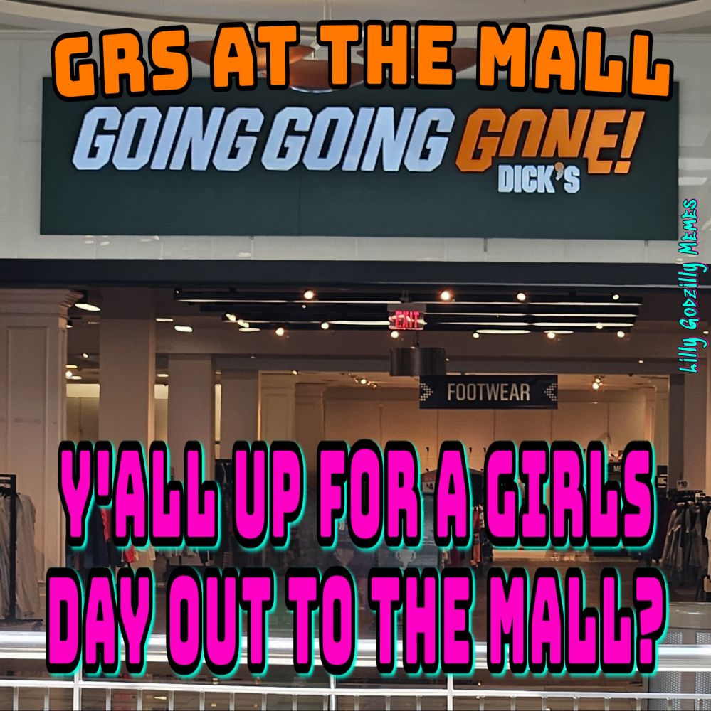 Image is a picture of a sign that says    ' Going Going Gone, Dick's '

The words 'GRS at the mall, Y'all up for a girl's day out to the mall?' Has been added to the picture in orange font and pink and blue font respectively. Image is signed Lilly Godzilly Memes in blue and pink font