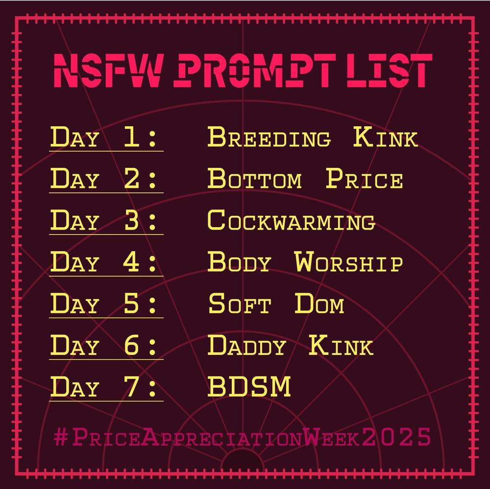 A dark red radial graph with NSFW PROMPT LIST in red text. 

Day 1: Breeding Kink
Day 2: Bottom Price
Day 3: Cockwarming
Day 4: Body Worship
Day 5: Soft Dom
Day 6: Daddy Kink
Day 7: BDSM