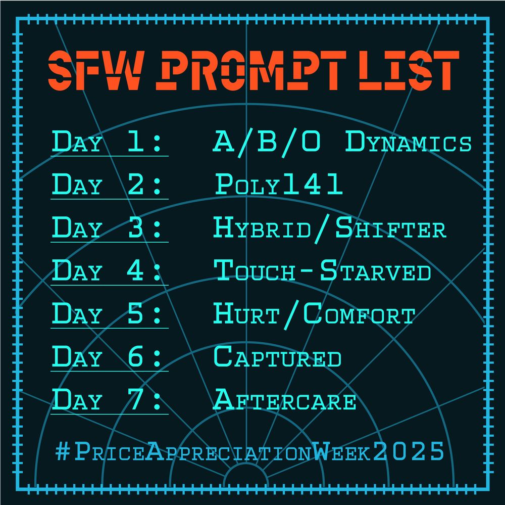 A dark aqua radial graph with SFW PROMPT LIST in red text. 

Day 1: A/B/O Dynamics
Day 2: Poly141
Day 3: Hybrid/Shifter
Day 4: Touch-Starved
Day 5: Hurt/Comfort
Day 6: Captured
Day 7: Aftercare