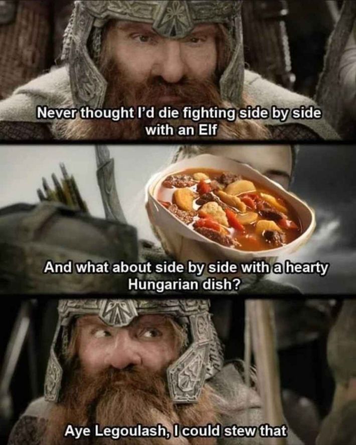 LOTR ring meme: "never thought I'd die fighting side by side with an elf." 

Next frame: "and what about side by side with a hearty Hungarian dish?" 

Final frame: " Aye Legoulash, I could stew that."