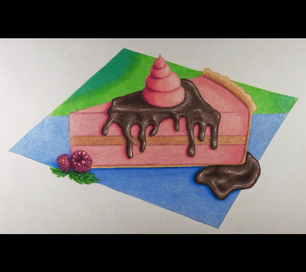 Raspberry Cheesecake with a chocolate mousse layer in the center, chocolate syrup dripping and Raspberry whip on top