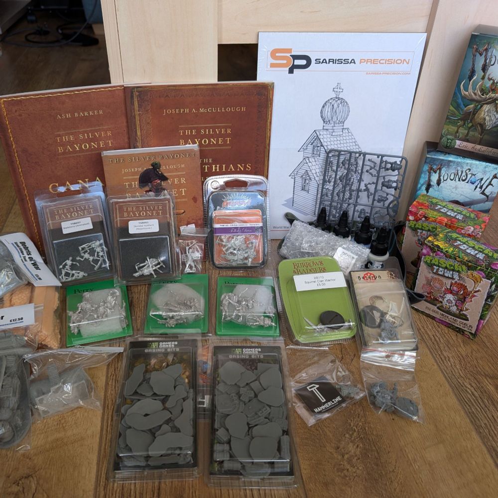 Loot haul from salute 52, silver bayonet scenarios and minis, basing materials, scenery, burrows and badgers mini, Bushido mini, moonstone minis and rogue hobbies minis 