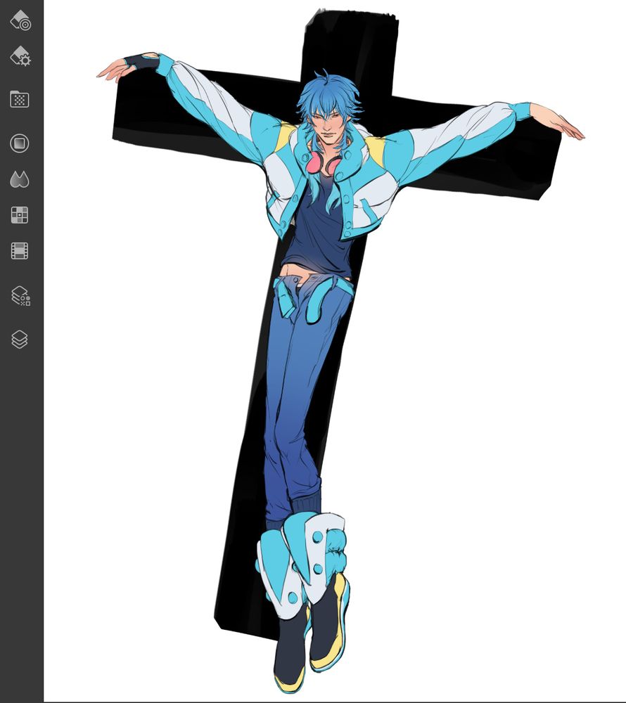 Aoba from dramatical murder, posed against the silhouette of a giant cross to mimic crucifixion