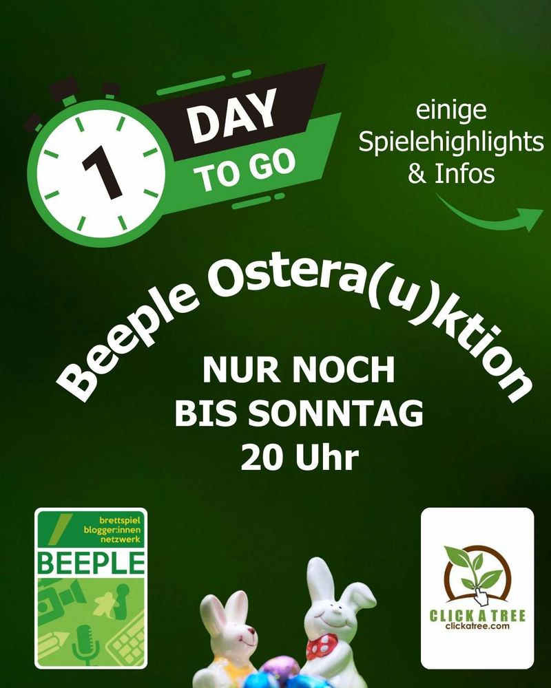 Grüner Banner für die Beeple Osterauktion. Der gesamte Erlös geht an die Boardgame Road mit Click A Tree.

Nur noch bis Sonntag 20 Uhr!