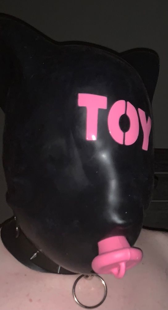Selfie of me wearing a fetish fox-shaped blank black mask made of silicone. It has an open mouth hole and the word TOY printed in large pink letters across where the eyes would be.

This photo shows off the bathtub plug-like gag the mask comes with. 
