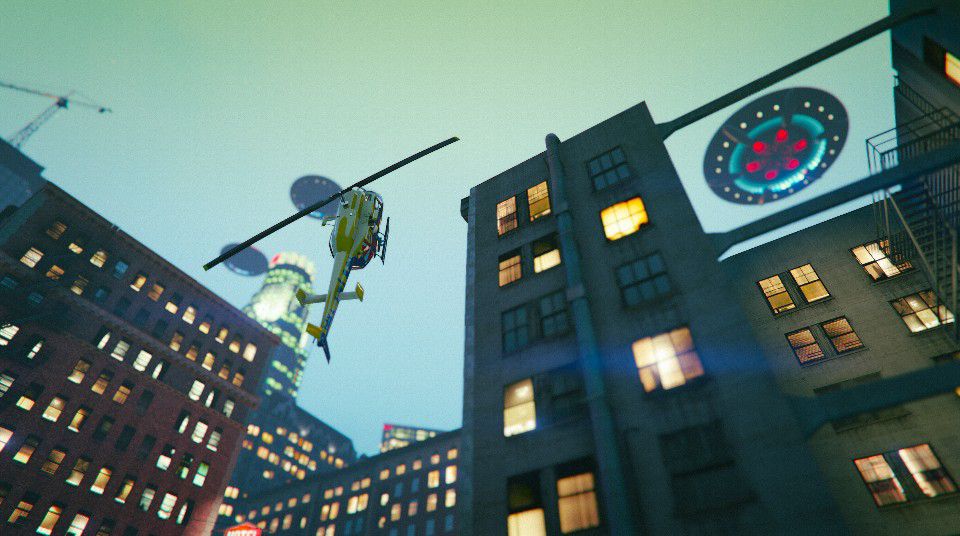 Screenshot of GTA Online. The heli’s rotors have stopped dead in their tracks, causing the vehicle to plummet to the ground. Undoubtedly the work of some kind of devious UFO defense weapon!