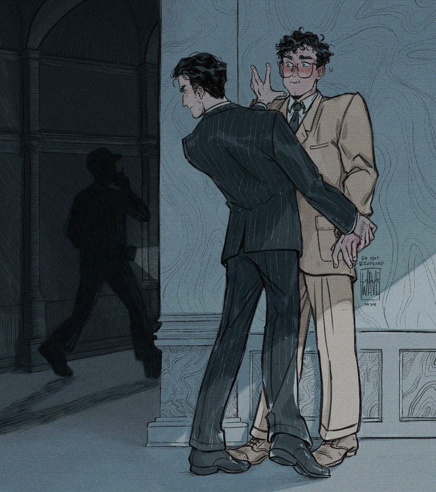 bruce wayne and clark kent, undercover as their civilian selves, hide as the silhouette of a security guard walks past them, around a corner. bruce has clark pinned against the wall and is looking intently towards the security guard. clark is looking at bruce with a very flustered expression.