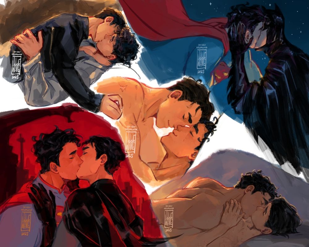 Five color illustrations of Superman and Batman kissing