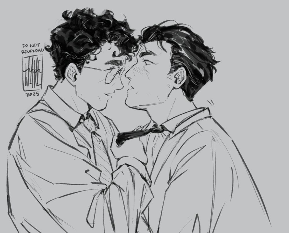 Greyscale digital drawing of Clark Kent and Bruce Wayne. Clark is looking at Bruce with a small smile on his face as he tugs Bruce towards him with his tie. Bruce is caught off guard and has a surprised, flustered expression on his face.