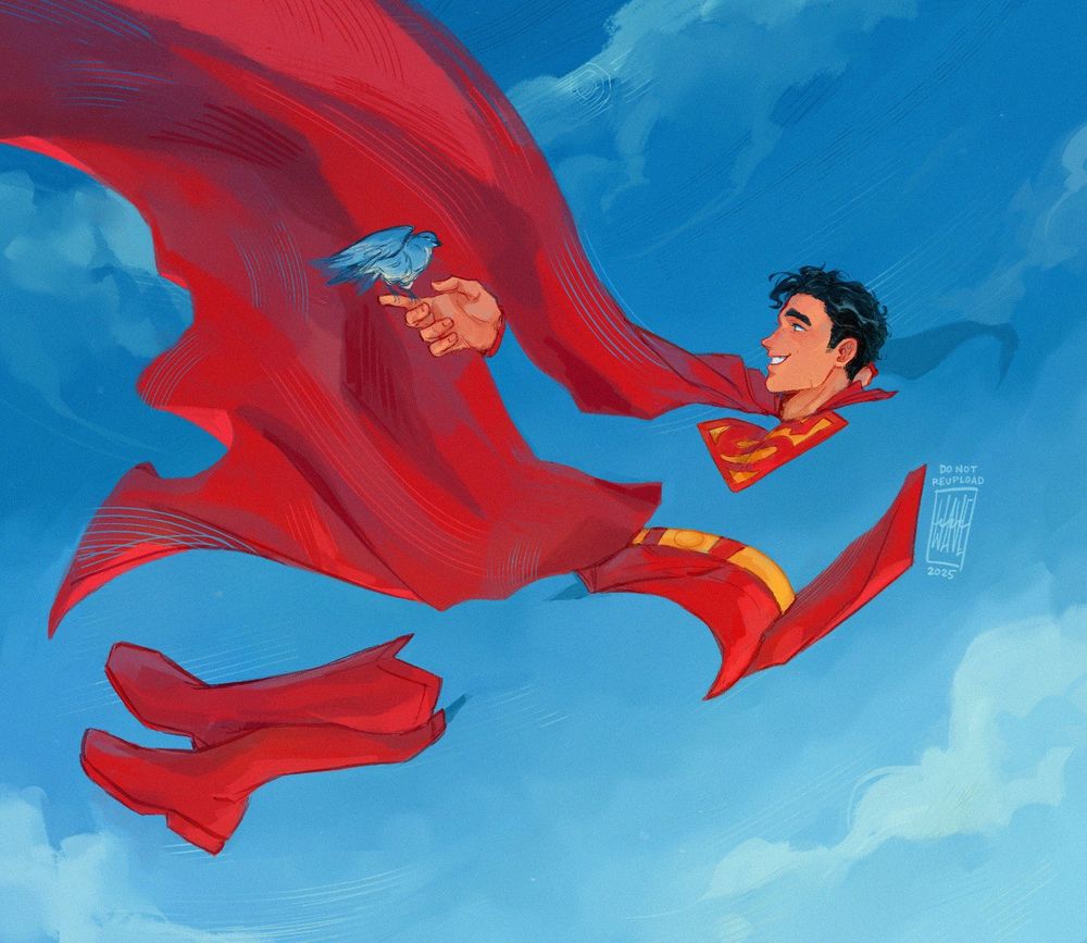 Color illustration of Superman flying through the sky. He's in a laid-back pose with one arm is extended out as a bluebird lands on his finger. He has a big smile on his face.